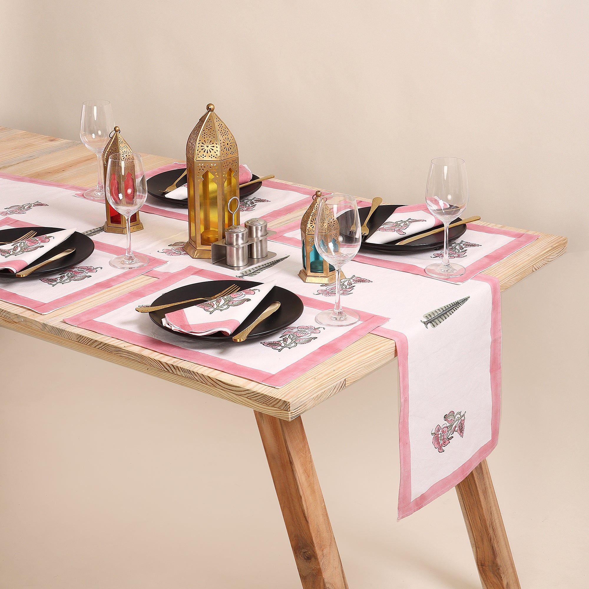 Pink Hand Block Printed Cotton Dining Table Mats And Runners